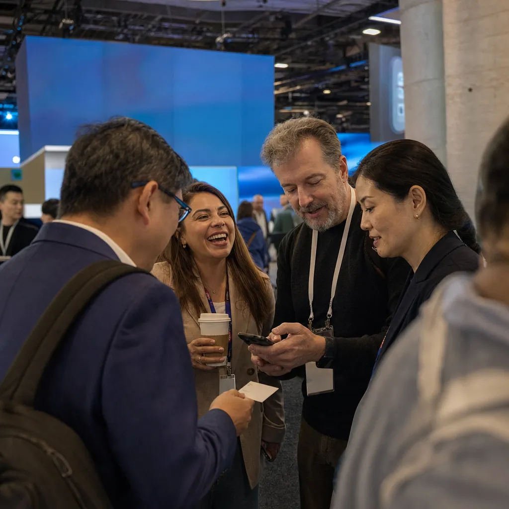 Profesionales conversando e intercambiando contactos en una feria tecnológica