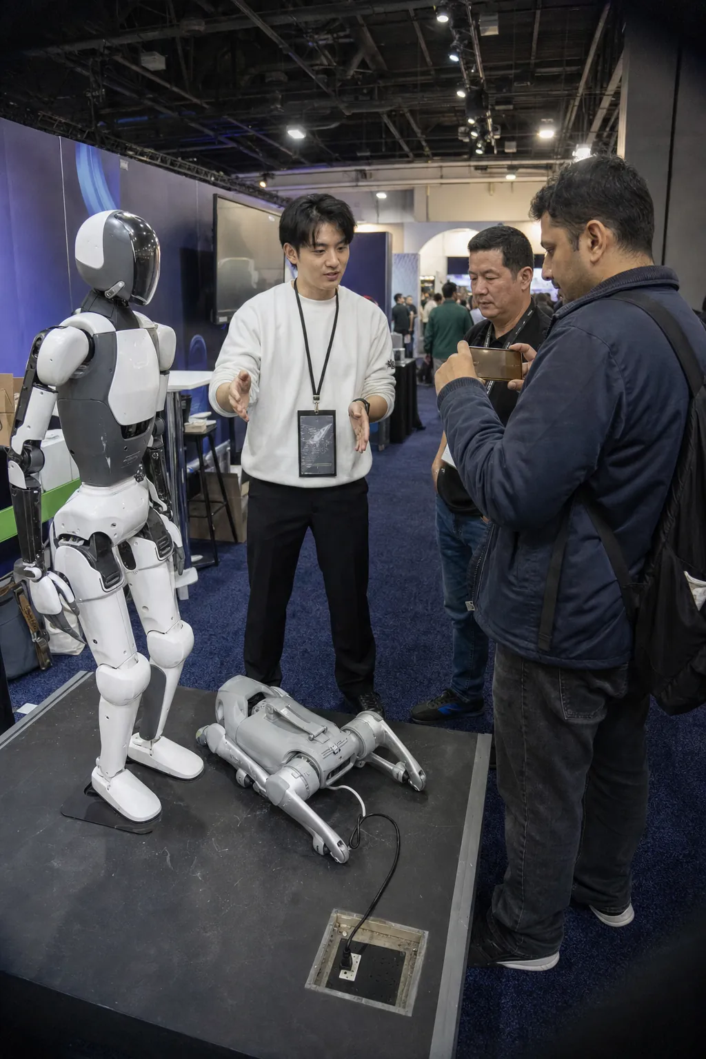 Demostración de un robot humanoide y un robot cuadrúpedo en una feria tecnológica