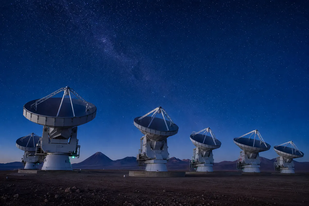 Antenas de radiotelescopio en el desierto de Atacama de noche