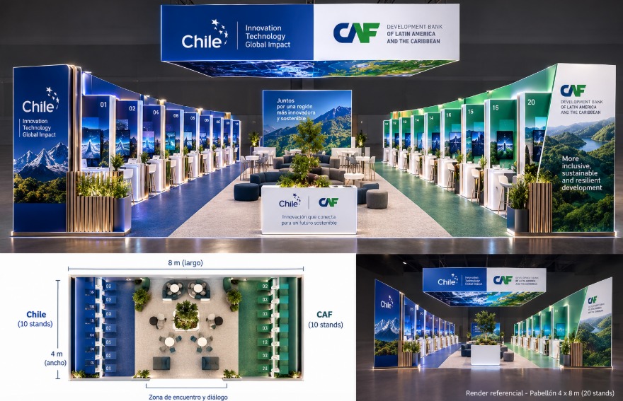 Render y planta del Pabellón Central de 4 por 8 metros